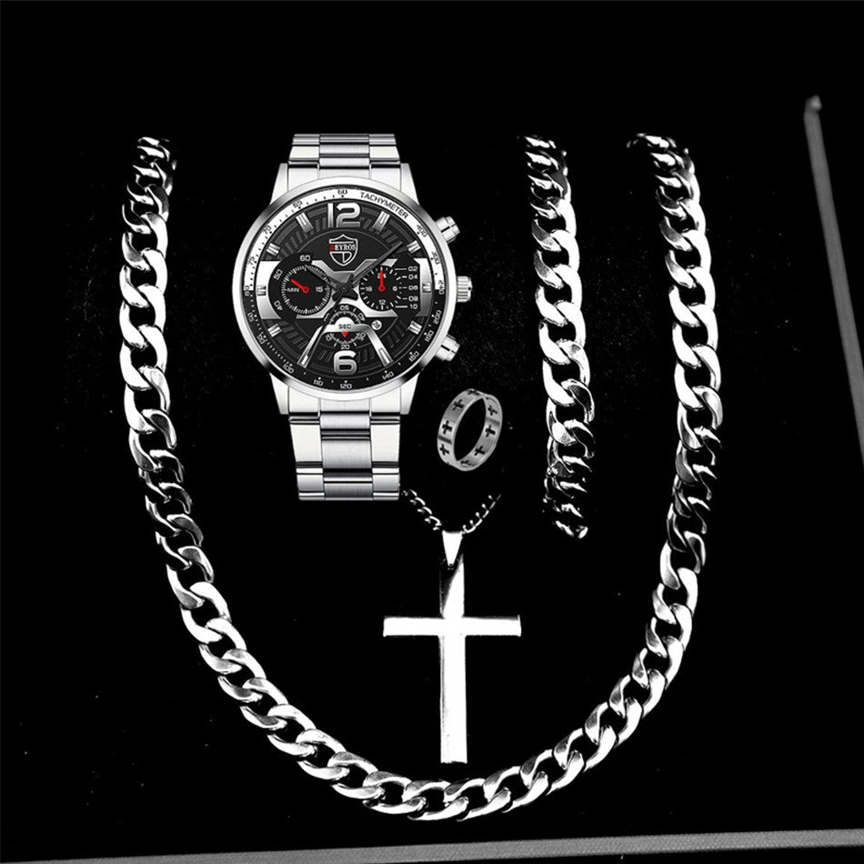 5PCS Set DEYROS Fashion Mens Calendar Watches Men Business Stainless Steel Quartz Wristwatch Male Casual Necklace Bracelet Watch