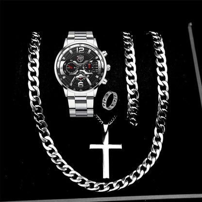 5PCS Set DEYROS Fashion Mens Calendar Watches Men Business Stainless Steel Quartz Wristwatch Male Casual Necklace Bracelet Watch
