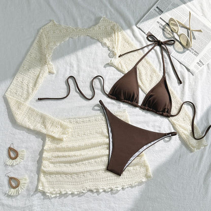 Women Bikini 4 Piece Set Tie Dye/Mesh Lace Long Sleeved Top Skirt Bottom Halter Bikini 2025 New Sexy Slim Beachwear Size S-XL