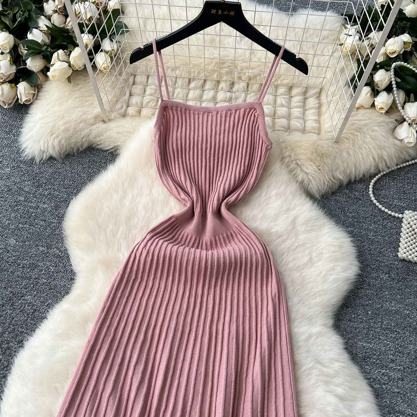 Knitted Pleated Long Dress High Waist Midi Sling Dress Elegant Sleeveless Yellow
