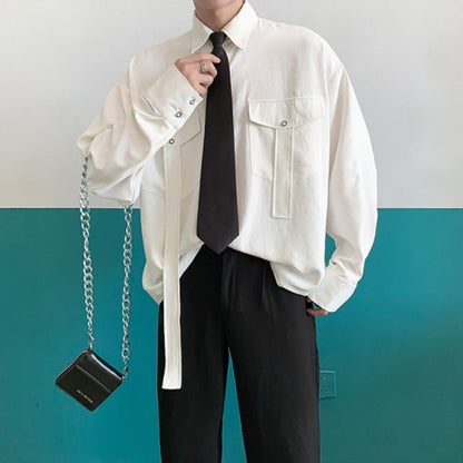 Gmiixder Cargo Long-sleeve Shirt with Tie Men's Oversize Kpop Shirt Korean Streetwear Versatile Motorcycle Pocket Streamers Coat