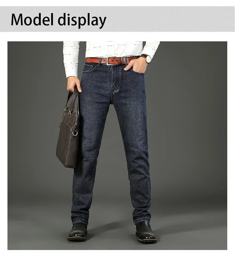 Wthinlee Calça Jeans Masculina Nova, Casual, Reta, Elástica, Moda Clássica, Azul, Preta, Trabalho, Calças Jeans Masculinas de Marca