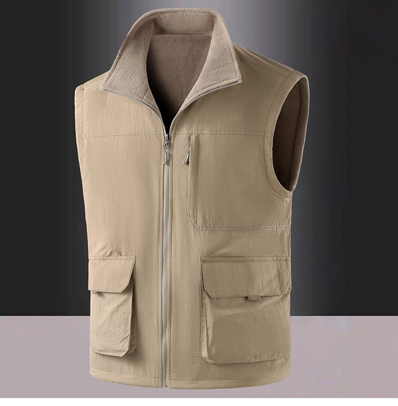 Colete de Pesca Masculino de Veludo Outono e Primavera Novo, Casaco de Veludo para Homem, Colete de Trabalho Solto e Moderno com Vários Bolsos para Homens de Meia-Idade