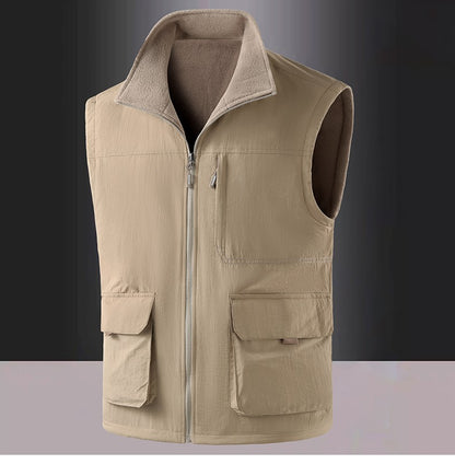 Colete de Pesca Masculino de Veludo Outono e Primavera Novo, Casaco de Veludo para Homem, Colete de Trabalho Solto e Moderno com Vários Bolsos para Homens de Meia-Idade