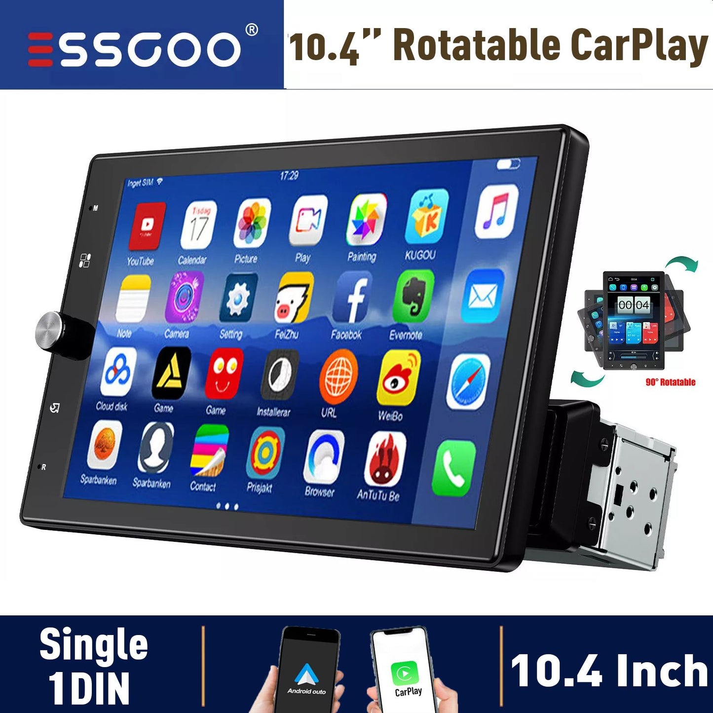10.4" Wireless Single 1 DIN Rotatable Car Stereo Radio Apple CarPlay & Android Auto Touch Screen USB BT FM AUX-IN SWC+MIC&Camera