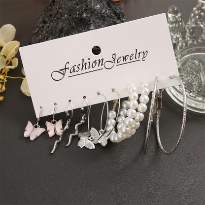 Brincos Grandes de Argola Redonda Cor Prata com Pérolas para Mulheres e Meninas, Brincos Pendentes de Cobra e Borboleta, Conjunto de Joias Y2K Femininas