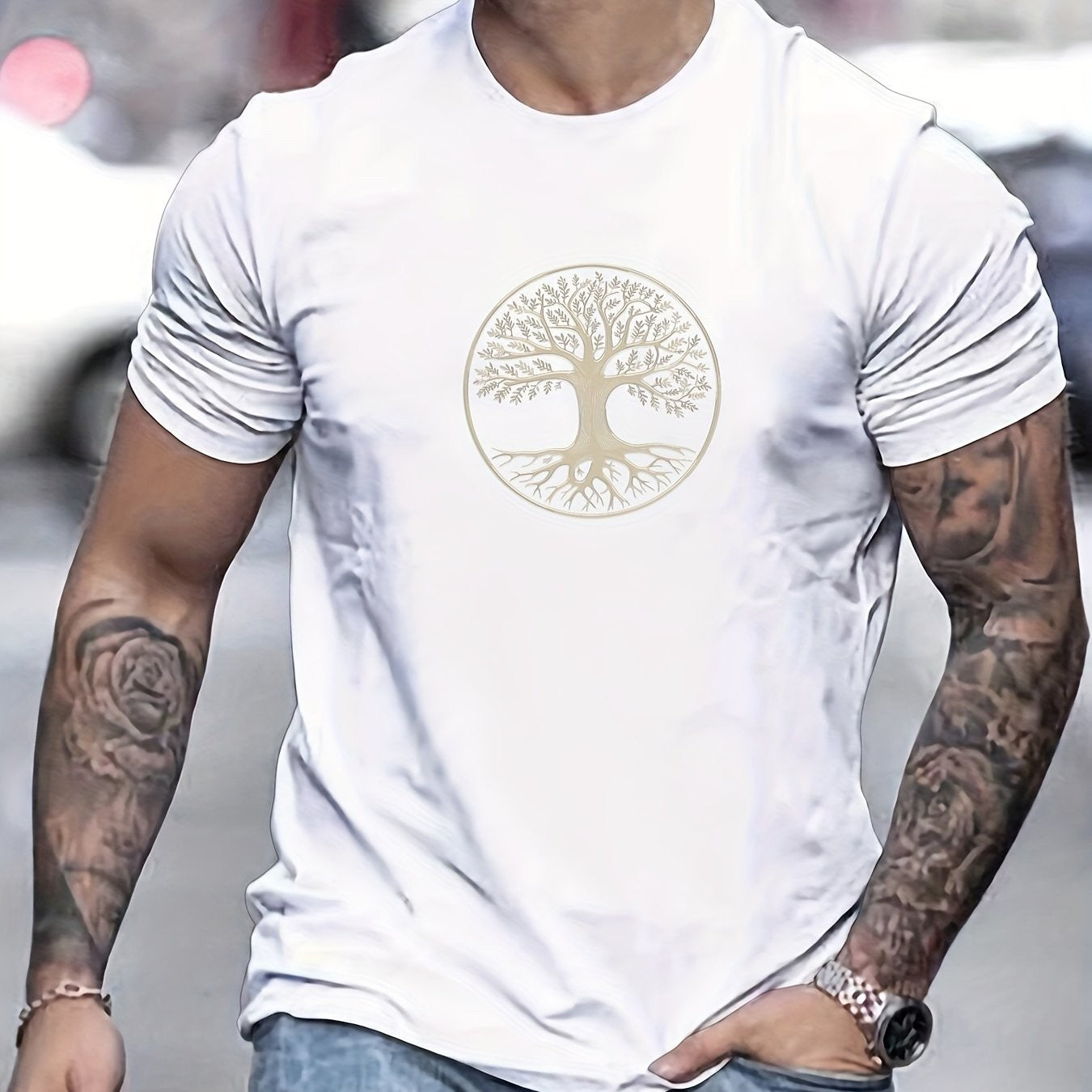 Men's summer 100% pure cotton fashionable casual sports wide pine pattern printed sports round neck short sleeved T-shirt top