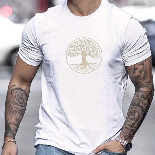 Men's summer 100% pure cotton fashionable casual sports wide pine pattern printed sports round neck short sleeved T-shirt top
