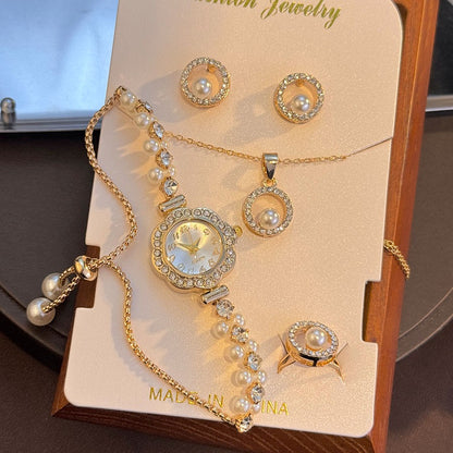 4-Piece Set Pearl Watch Chain Arabic Numeral Quartz Watch Large Pearl Necklace Diamond-Encrusted Ring And Earrings Jewelry Gift