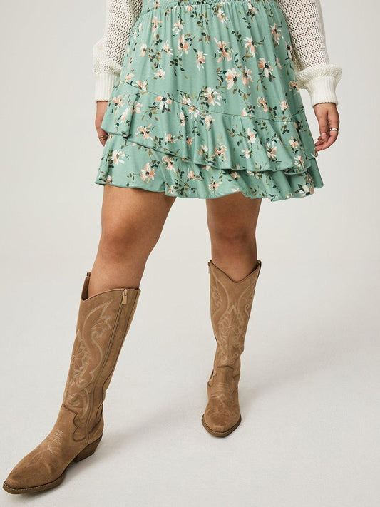 Plus Size Mint Floral Skirt Women's Pink Ruffle Hem Summer Style Free Shipping