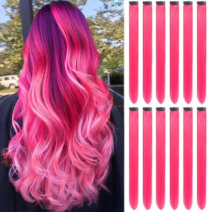 Hot Pink Hair Extensions Clip in, Colored Party Highlights Extension for Kids Girls Synthetic Hairpiece Straight 22 inch 2026
