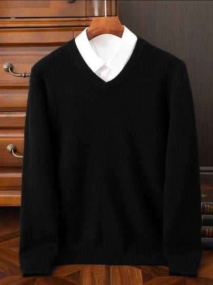 2025 Men's 100% Merino Wool Cashmere V-neck Sweater Pullover Smart Casual Basic Long Sleeve Knitwear Clothes Tops Autumn Winter