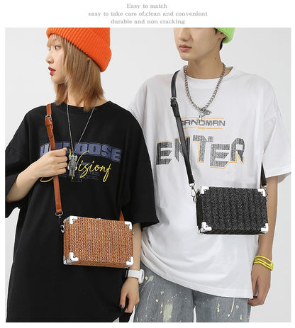 Couple's Sling Bag Straw Weaving with Corner Metal Decoration Boxy Shape Doctor Bag for Date Back to School Party Shoulder Bag