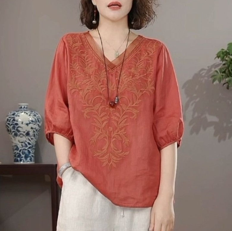 Summer New Literary Vintage Embroidery Cotton Linen Shirt Ladies Half Sleeve Loose Casual Fashion Blouse Women's Clothing Tops