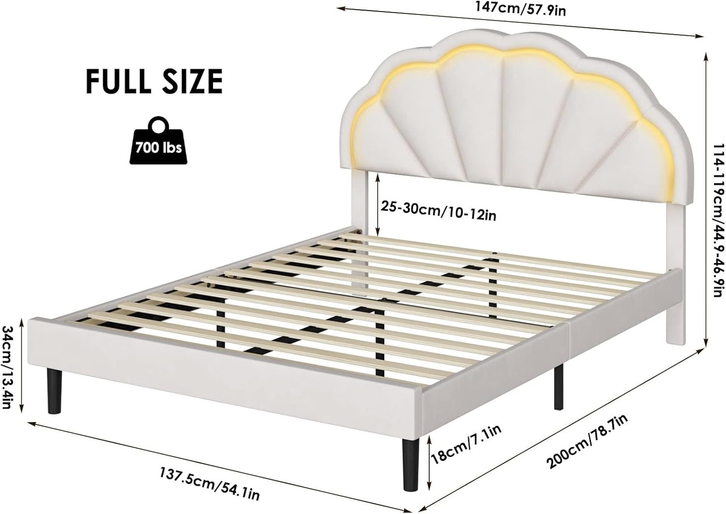Base de Cama Estofada Inteligente com LED e Cabeceira Ajustável em Pétala Chique, Camas de Plataforma de Tamanho Casal Princesa para Cri