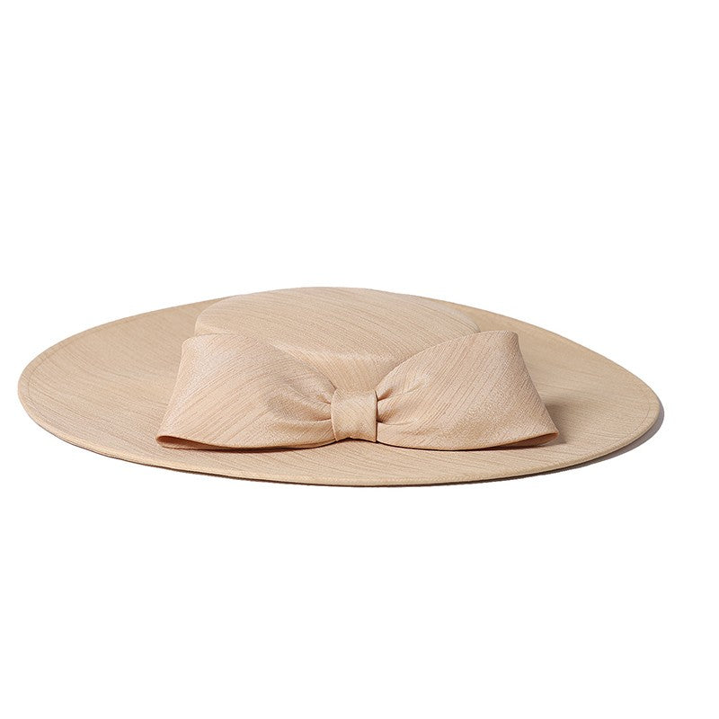 FS Elegante Chapéu de Aba Larga Marfim Feminino Grande Laço Ocasião Formal Kentucky Boné Feminino Casamento Coquetel Festa Fedora de Topo Reto 2024