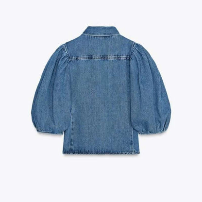 Fashion Denim Women Short Shirt Lapel Half Puff Sleeve Pleated Turn-down Collar Solid Female Top Spring Summer Lady Shirts M8WQ