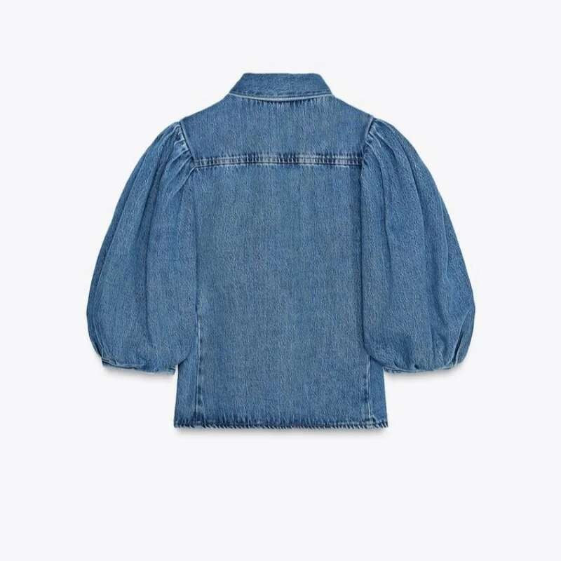 Fashion Denim Women Short Shirt Lapel Half Puff Sleeve Pleated Turn-down Collar Solid Female Top Spring Summer Lady Shirts M8WQ