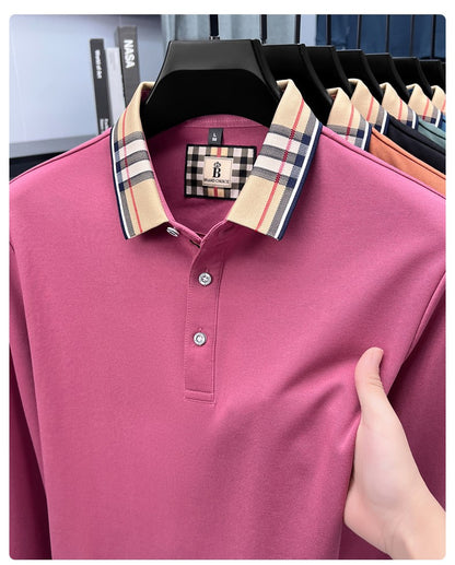 Luxury brand long sleeve polo shirt men comfortable casual autumn item silk cotton high-end Korean fashion plaid lapel T-shirt