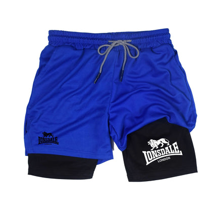 2 in 1 Running Shorts Men Workout Lonsdale Compression Shorts with Phone Pocket Towel Loop Summer Sport Athletic Activewear
