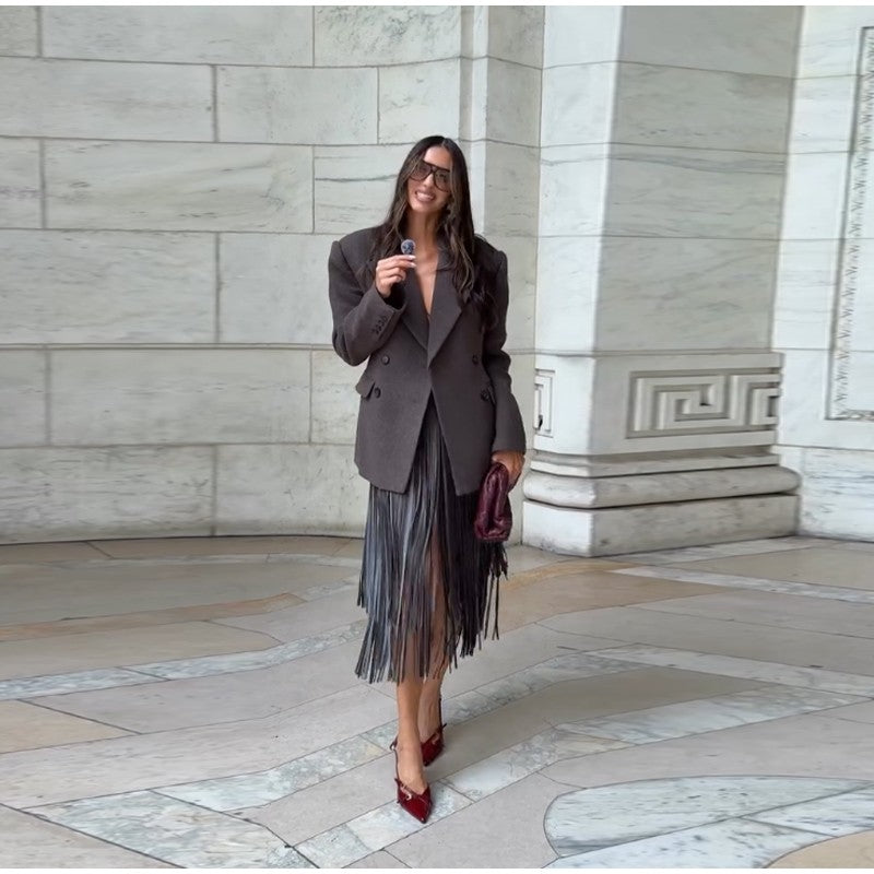 Tassel Leather Midi Skirt Women Solid High Street High-waist A-line Bodycon Long Skirts Spring Summer 2026 Chic All-match Outfit