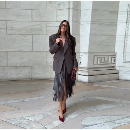 Tassel Leather Midi Skirt Women Solid High Street High-waist A-line Bodycon Long Skirts Spring Summer 2026 Chic All-match Outfit