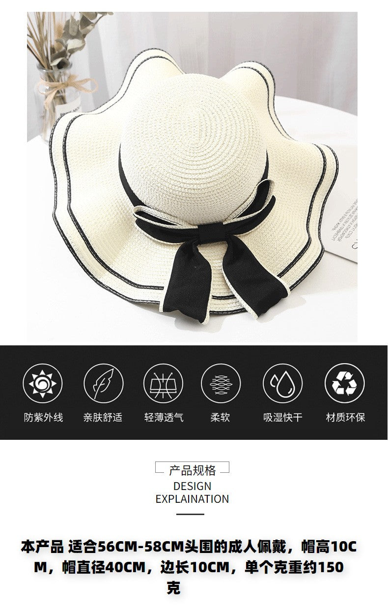 Beach HatJapanese Everything Hairy Edge Straw Hat Female Summer dome  Top Outing Sun Hat Small Fresh Bow Sun Shade Beach Hat