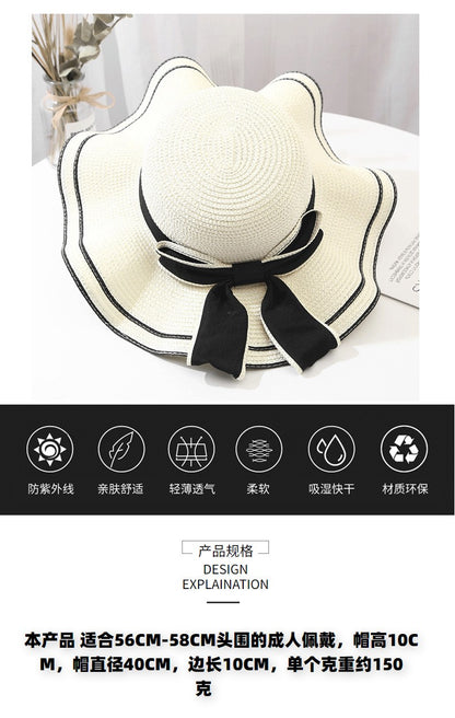 Beach HatJapanese Everything Hairy Edge Straw Hat Female Summer dome  Top Outing Sun Hat Small Fresh Bow Sun Shade Beach Hat