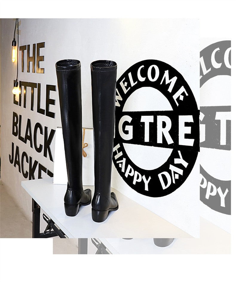 2024 New Autumn Women's Pointed Toe Boots Over-the-Knee Sewing Slip On PU Leather Square Heel Street Style Shoes Black