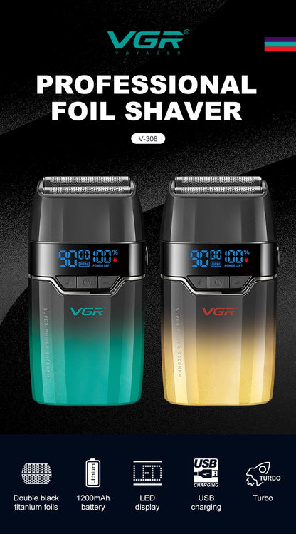 VGR Face Shaver 9000 RPM Foil Shaver LED Electric Shaver Professional Beard Trimmer Reciprocating Shaving Machine for Men V-308