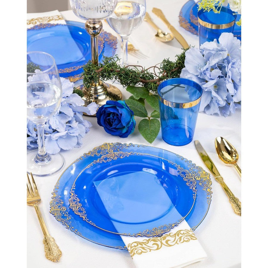 350 PEÇAS Pratos de Plástico Azul Kits de Louça de Plástico Azul para 50 Convidados 100 Pratos Descartáveis 150 Talheres Dourados 50 Copos 50 Guardanapos