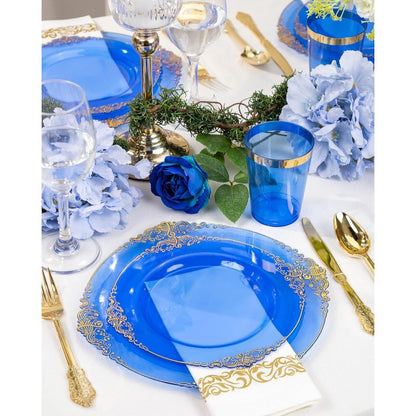 350 PEÇAS Pratos de Plástico Azul Kits de Louça de Plástico Azul para 50 Convidados 100 Pratos Descartáveis 150 Talheres Dourados 50 Copos 50 Guardanapos