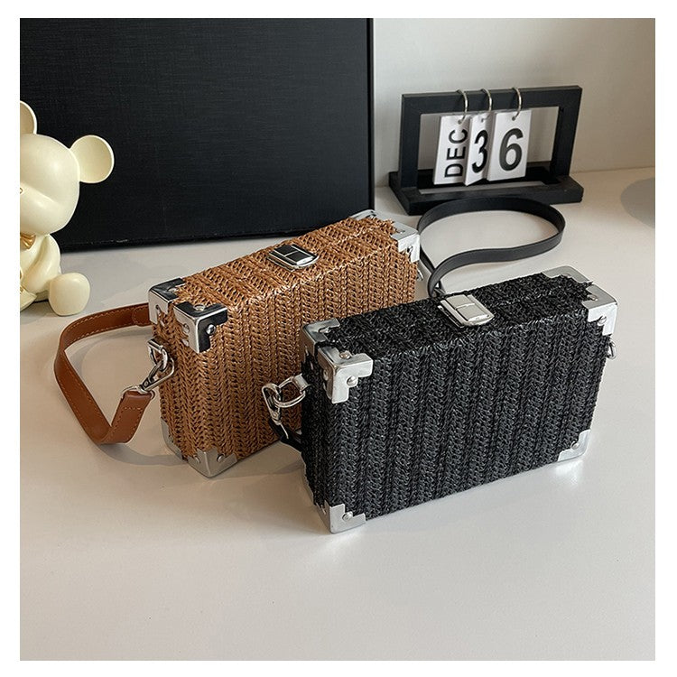Couple's Sling Bag Straw Weaving with Corner Metal Decoration Boxy Shape Doctor Bag for Date Back to School Party Shoulder Bag