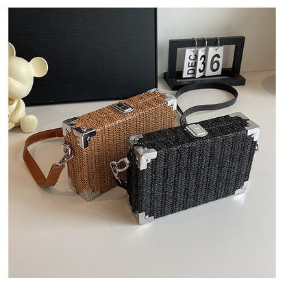 Couple's Sling Bag Straw Weaving with Corner Metal Decoration Boxy Shape Doctor Bag for Date Back to School Party Shoulder Bag