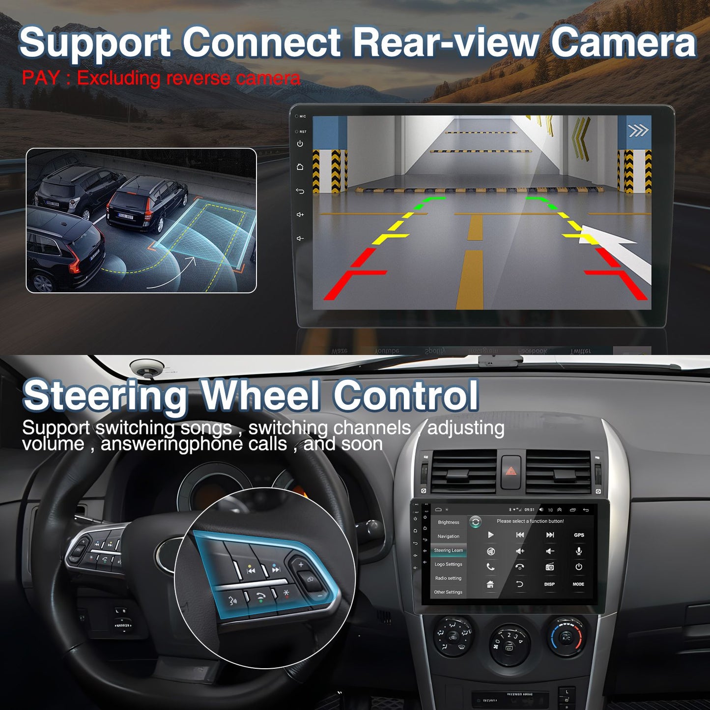 Central Multimídia Automotiva Android 13 de 10,1 polegadas com Tela Dupla 2 DIN, Bluetooth, GPS, Wifi, Reprodutor MP5, 1+16GB com CARPLAY Automático e CarPlay Sem Fio