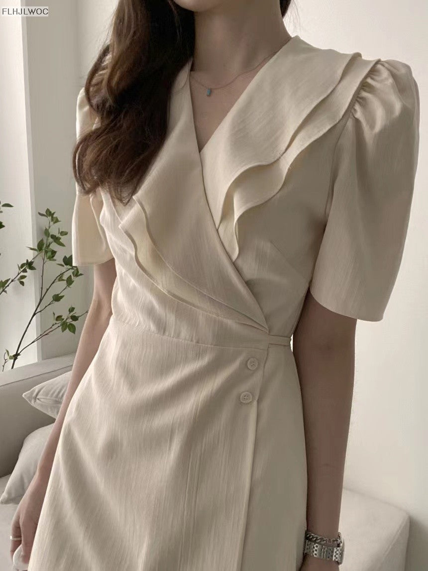 South Korea Chic Midi Dress Women Summer Japan Style Retro Vintage Design Ruffle