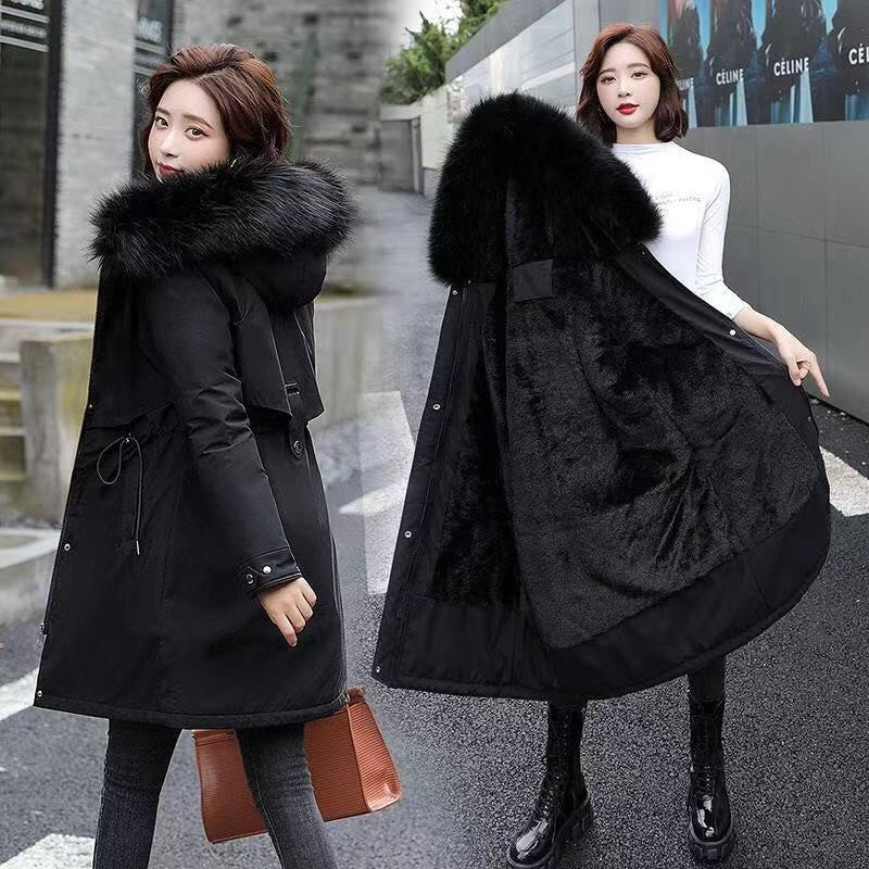 Women Winter Parka Warm Hooded Long Sleeve Zipper Thick Jackets Fur Collar Fleece Drawstring Long Coat Casual Streetwear Outwear