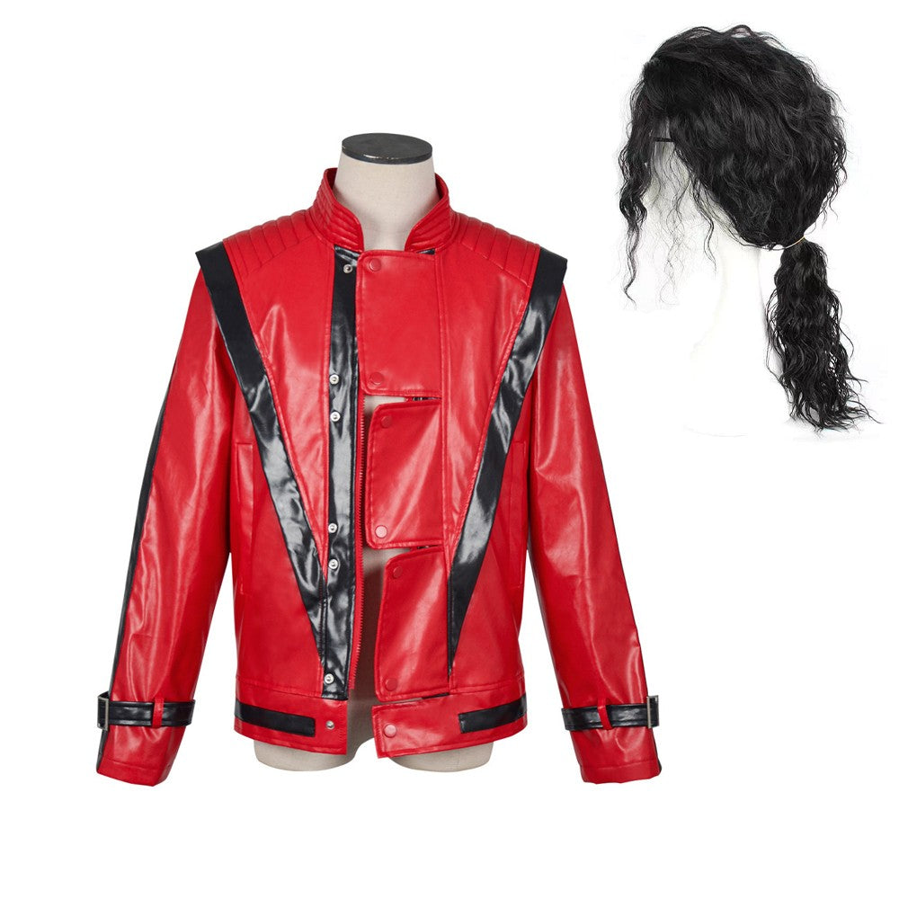 Michael Jackson Cosplay Costumes Wig Red Leather Jacket for Thriller Cosplay Halloween Adults