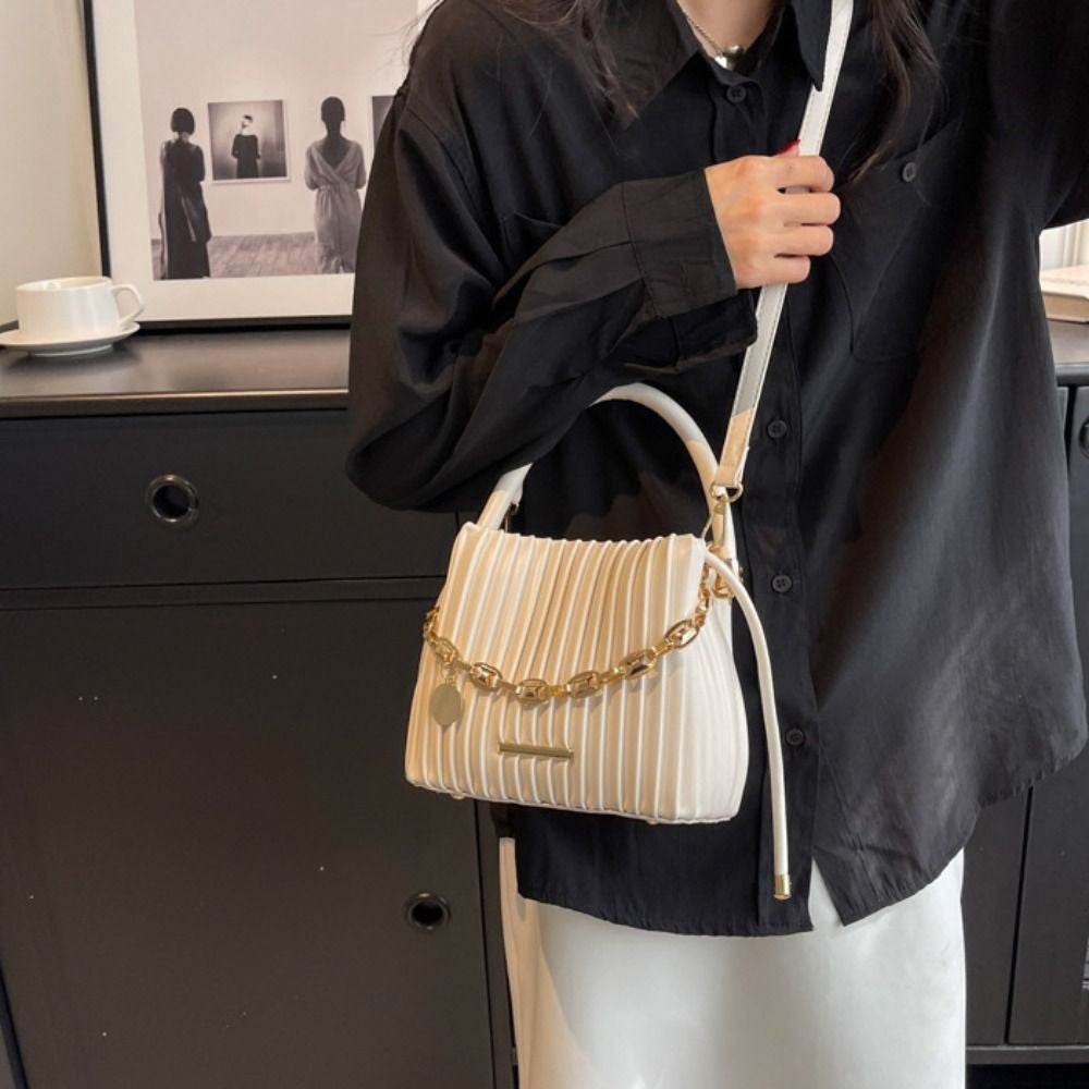 Unique Pleated Design Crossbody Bag Stylish Elegant Bucket Bag Chain Shoulder Messenger Bag Evening