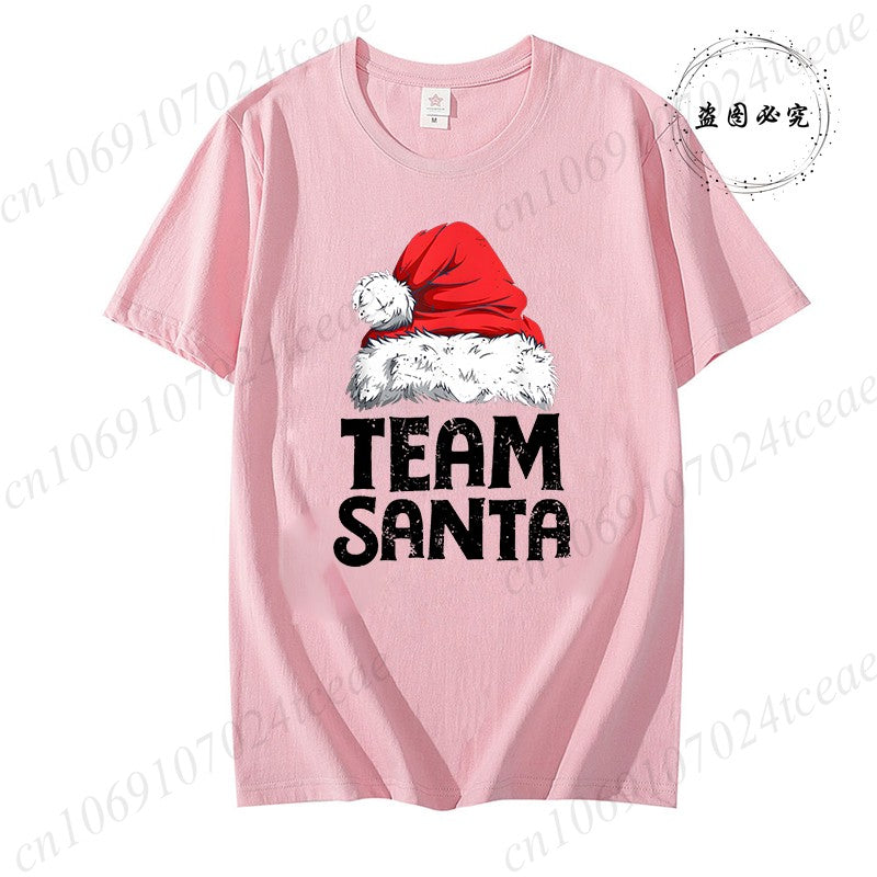 Women's Casual Short Sleeve T-Shirt with Christmas Team Santa Print T-Shirts Round Neck Christmas Party Wear Women's Clothing