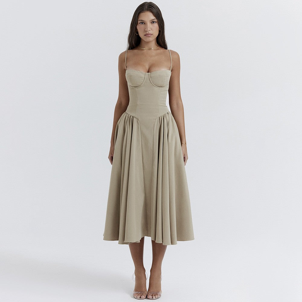 Summer Women Elegant Sleeveless Backless Pleated Dresses Lady Sexy Solid Sling M