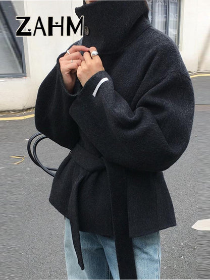 Woolen Solid Women Coat Fashion Belt Patchwork Lace Up Full Sleeve Lapel Lady Jacket 2025 Autumn Winter Female Loose Streetwear