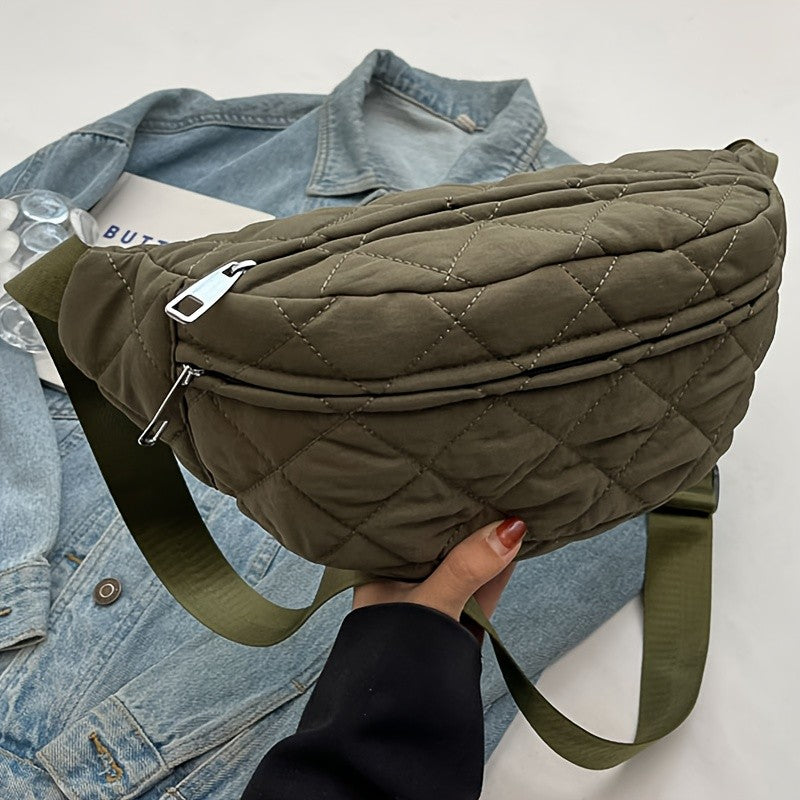 Quilted Patchwork Crossbody Bag - Large Nylon Purse, Multi-Pocket, Adjustable Strap. Grey Gift-Ready!