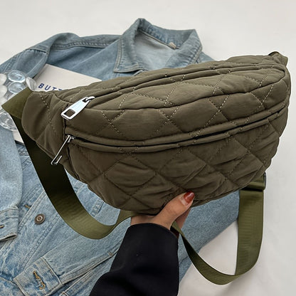 Quilted Patchwork Crossbody Bag - Large Nylon Purse, Multi-Pocket, Adjustable Strap. Grey Gift-Ready!