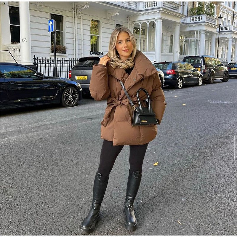 Solid Lapel Lace Up Cotton Coat Women Fashion Long Sleeve Warm Loose Pocket Short Coats Lady New Winter Commute Street Outwears