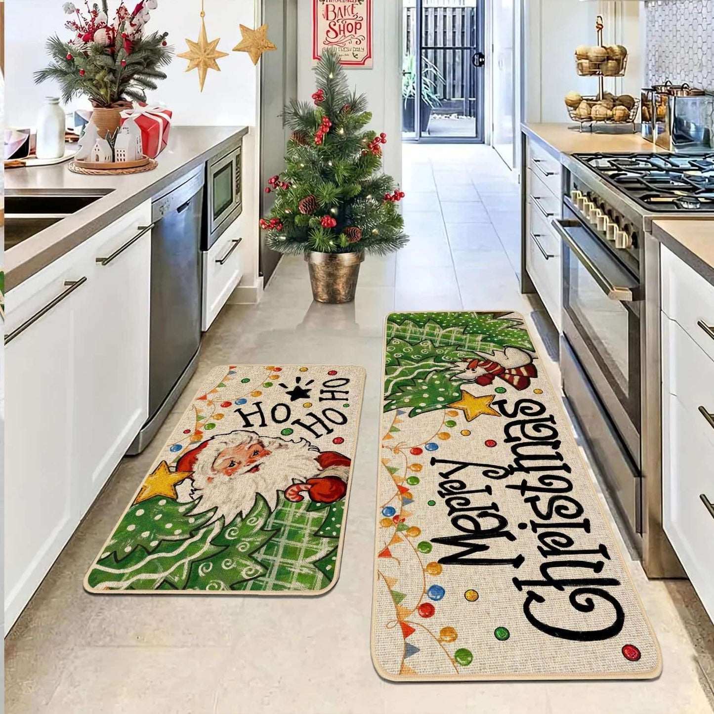 VIKAMA 2-Piece Christmas Festival Rug Set Kitchen Mat Combo, Entrance Hall Doormat Stain-Resistant and Easy-Care Home Decor