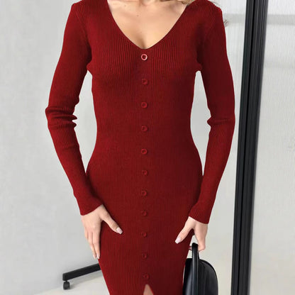 2025 Knitted Dress For Women Vintage Fashion Long Sleeve Dresses Solid Single Breasted V Neck Midi Autumn Winter Dress ???????
