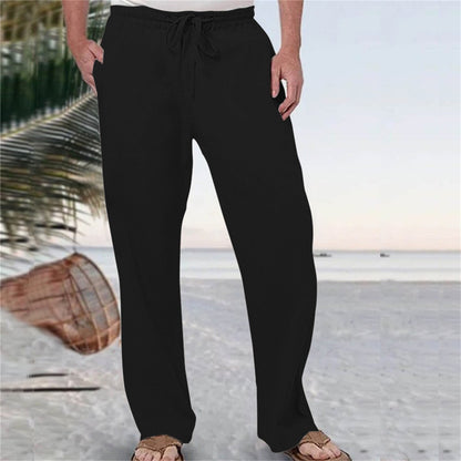 Mens Fashion Casual Pants Solid Color Breathable Cotton Linen Elastic Waist Straight Pants With Pockets Large Size White Pants