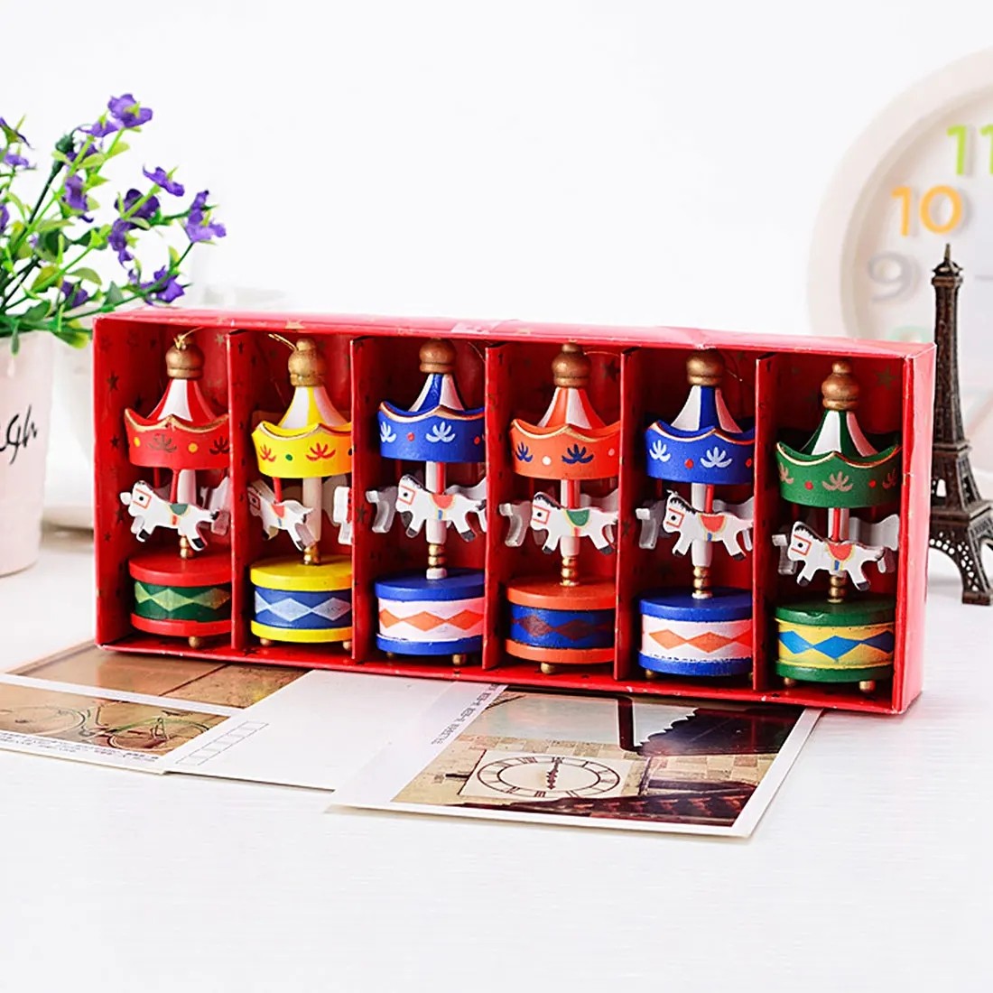 Christmas Wooden Carousel Horse Miniature Ornaments Christmas Tree Hanging Pendants New Year Gift Toy For Kid Home Party Decor