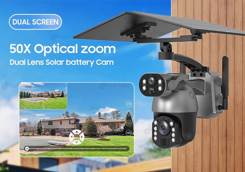 50XZOOM Solar Camera 4G SIM/WiFi Dual Lens Outdoor Security Camera with Night Vision,Waterproof Wireless Surveillance for Garden